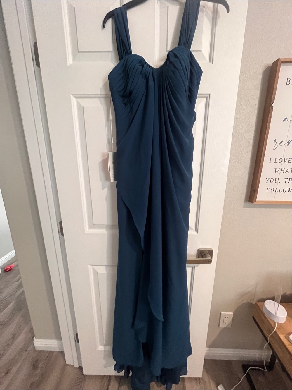 JJs House Teal Draped Ruched Strap Evening Maxi Dress